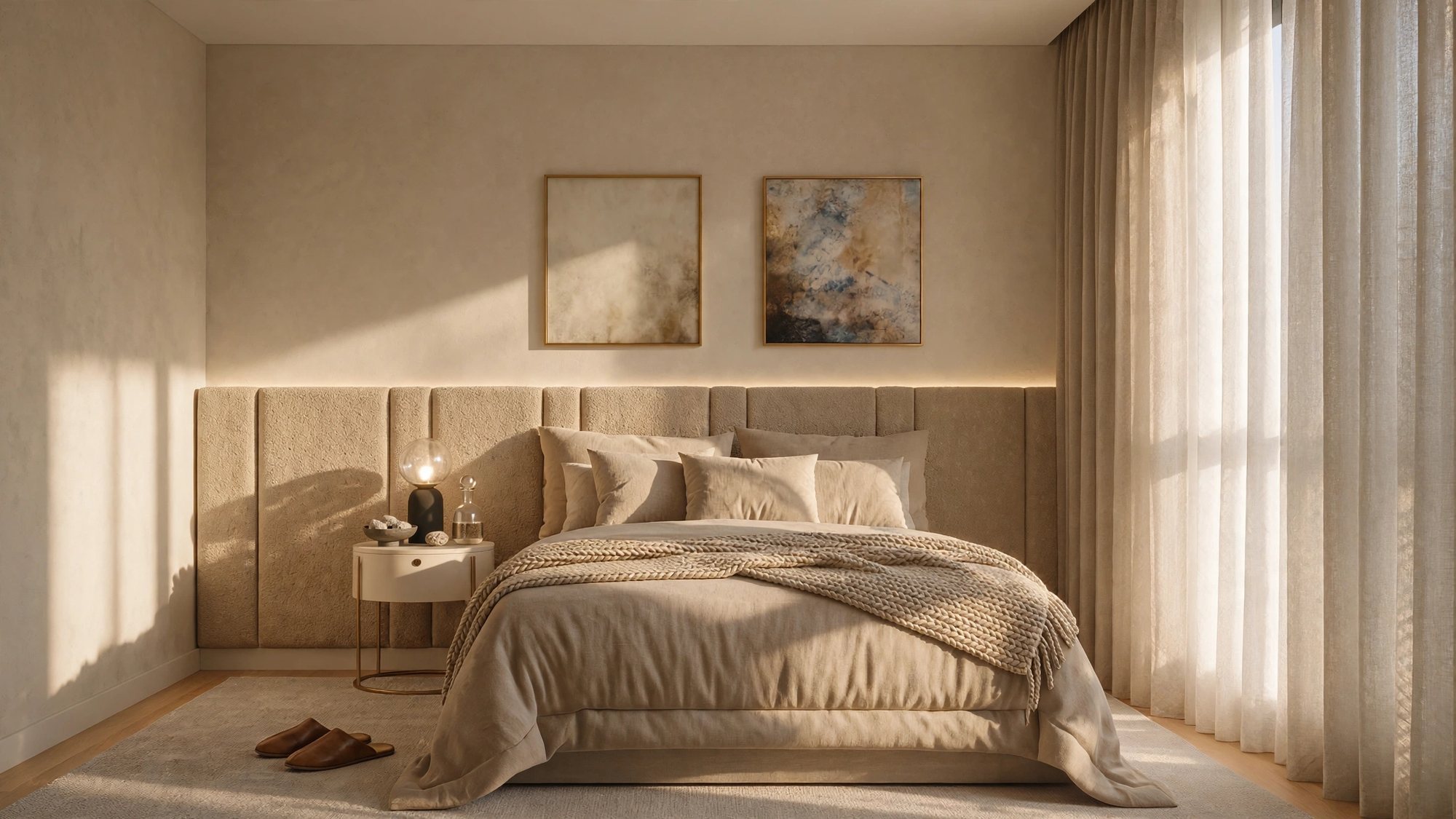 Quarto com cabeceira estofada em módulos verticais e iluminação indireta, roupa de cama em tons de areia e cortina de linho