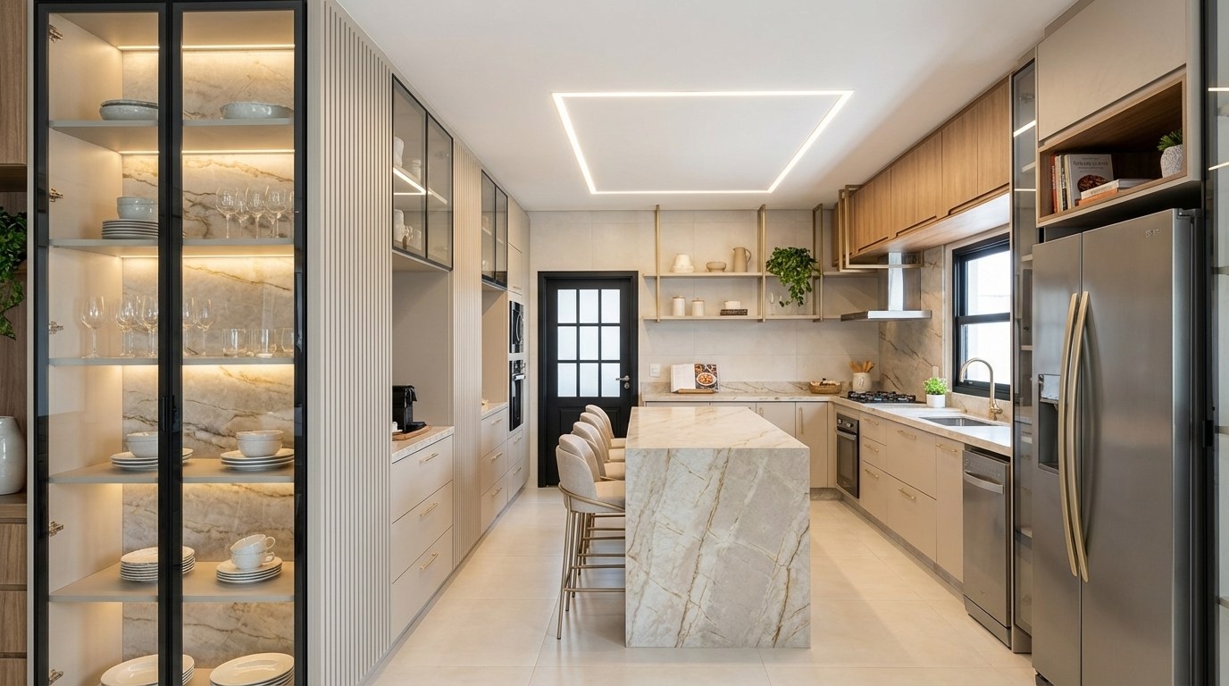 Cozinha com cristaleira iluminada de vidro e perfil preto, painéis ripados, ilha revestida em pedra de veios dourados com banquetas, prateleiras metálicas e geladeira de inox