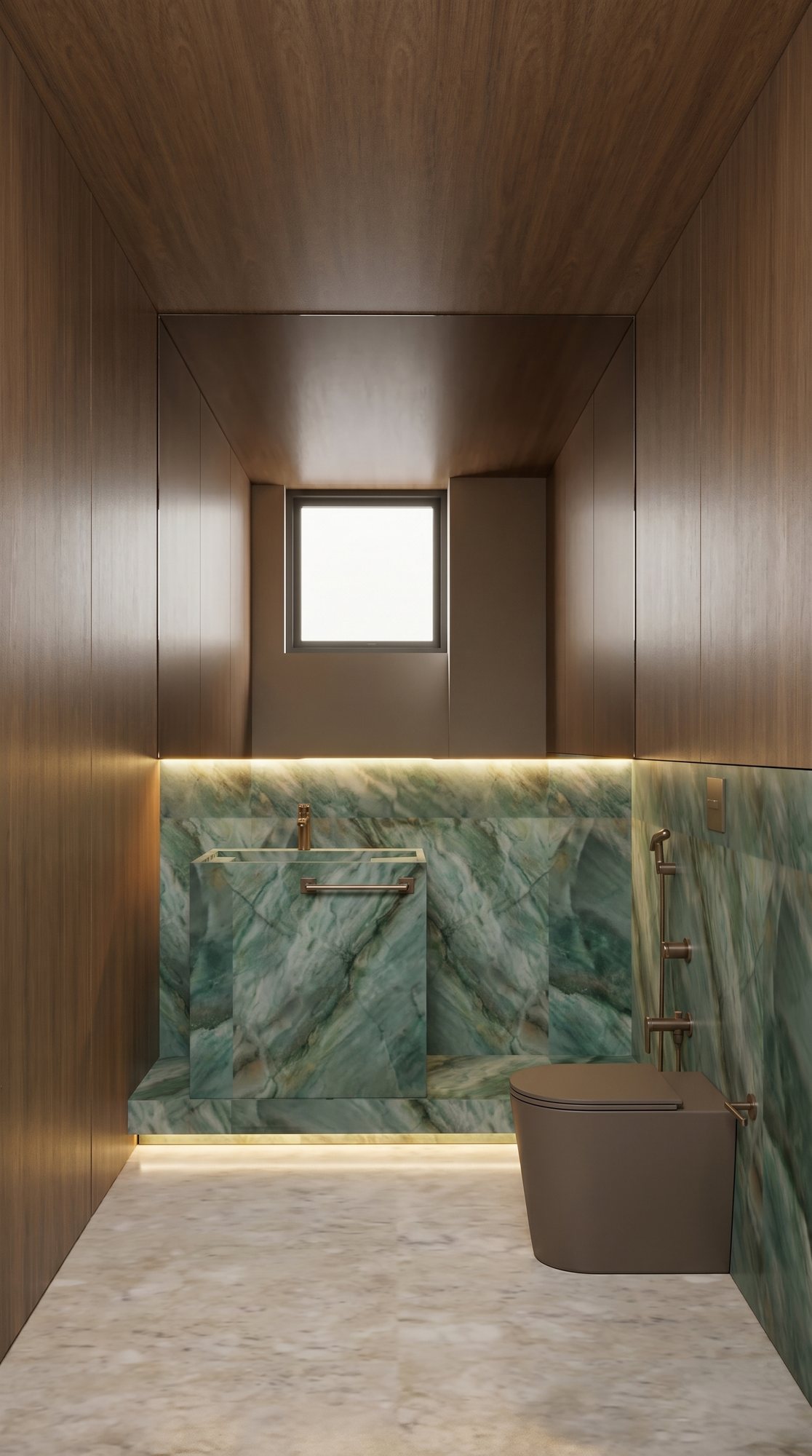 Lavabo com paredes e teto em madeira escura, cuba esculpida e parede em pedra verde de veios marcantes, luz embutida sob o espelho e na base, metais em bronze e bacia em tom terroso