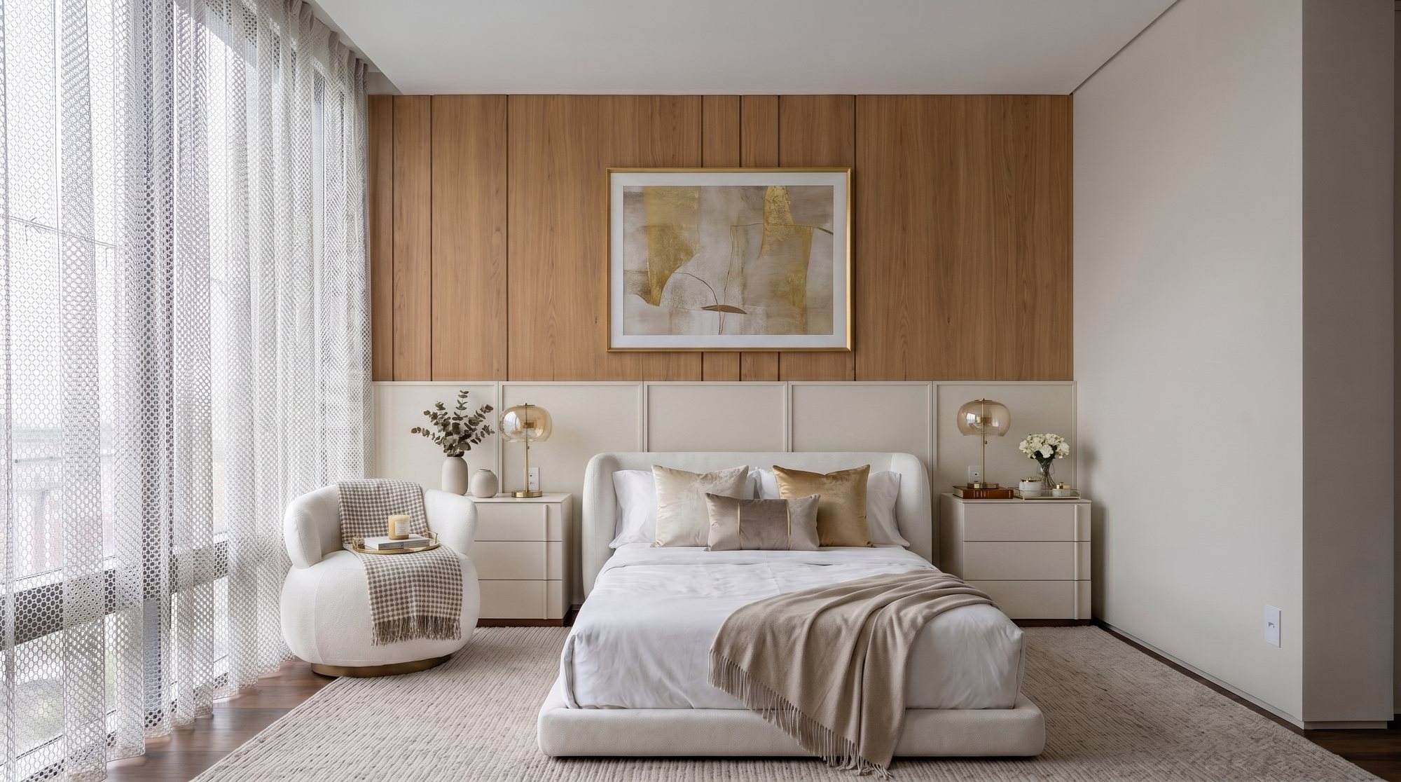 Quarto com painel de madeira em réguas verticais, quadro abstrato com moldura dourada, boiserie clara atrás da cama, criados-mudos laqueados, luminárias de vidro âmbar e poltrona em bouclê junto à cortina rendada